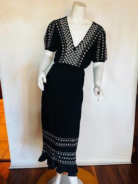 Rahi Midi Dress M Black Gauze Embroidered Puff Sleeve V-neck Open Back Zip Tie